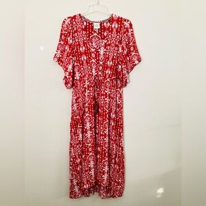 Knox Rose M Maxi Dress Red and White Print BOHO Rayon